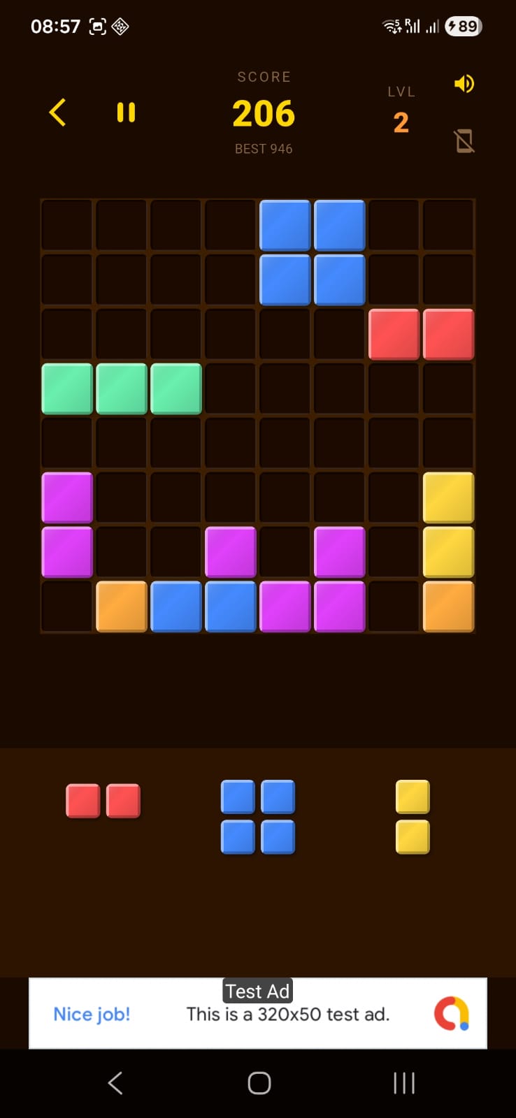 Dhamaka Blocks game in progress with coloured blocks on the grid