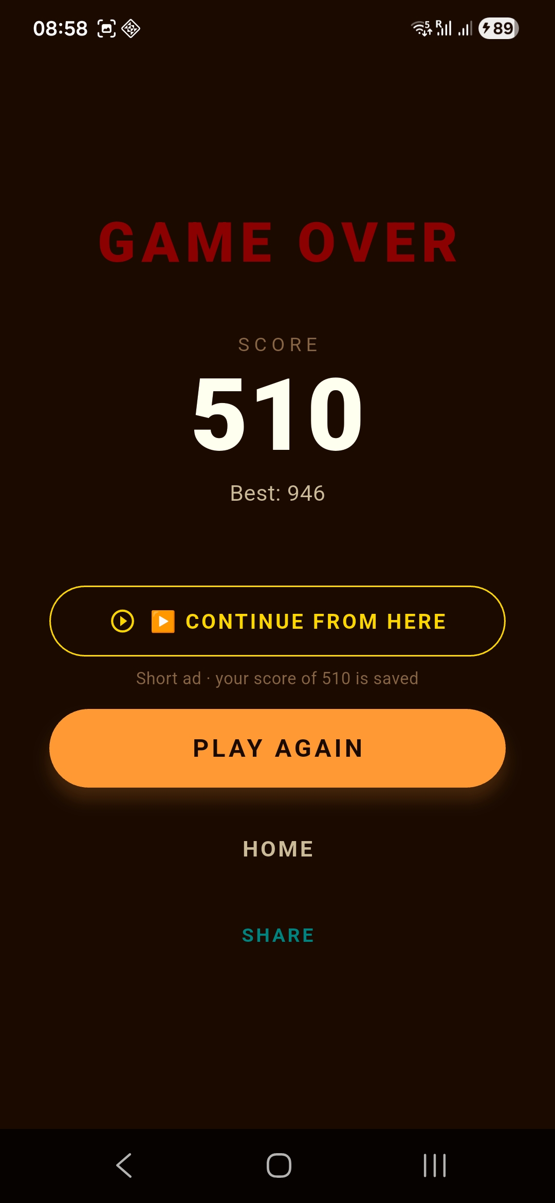 Dhamaka Blocks game over screen with final score