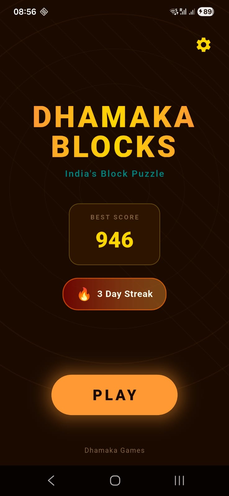 Dhamaka Blocks home screen showing best score and play button